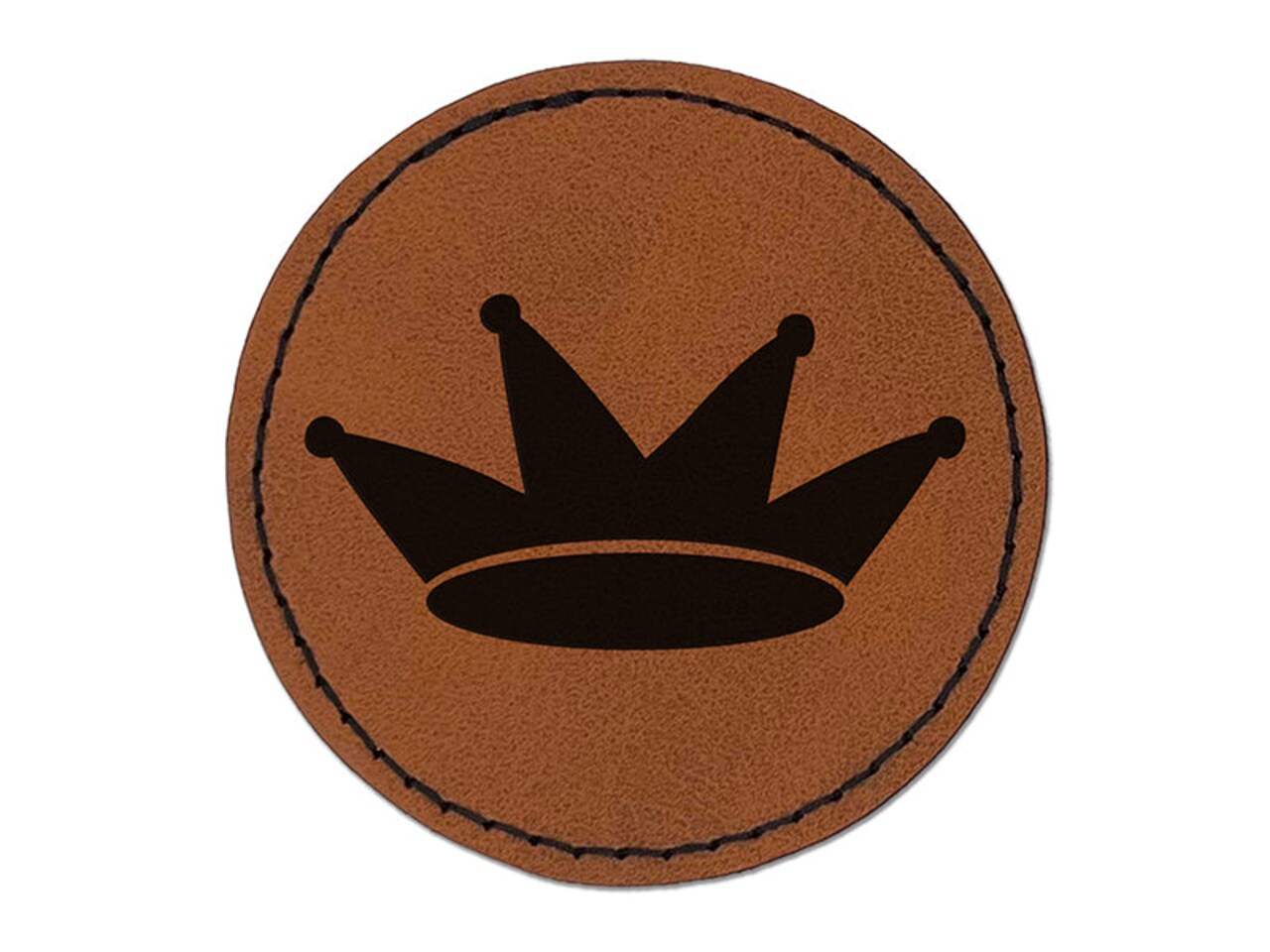 Jester Crown Hat Round Iron-On Engraved Faux Leather Patch Applique - 2.5"